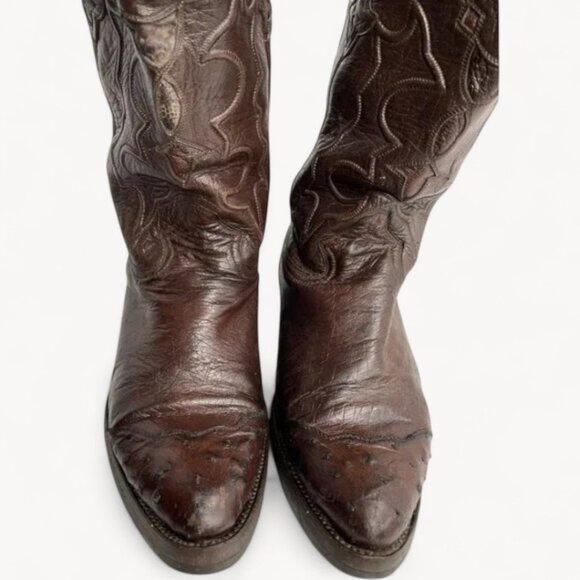 Montana Red Burgundy Ostrich Leather Western Cowboy Biker Boots Men's 7.5 E - Picture 3 of 8